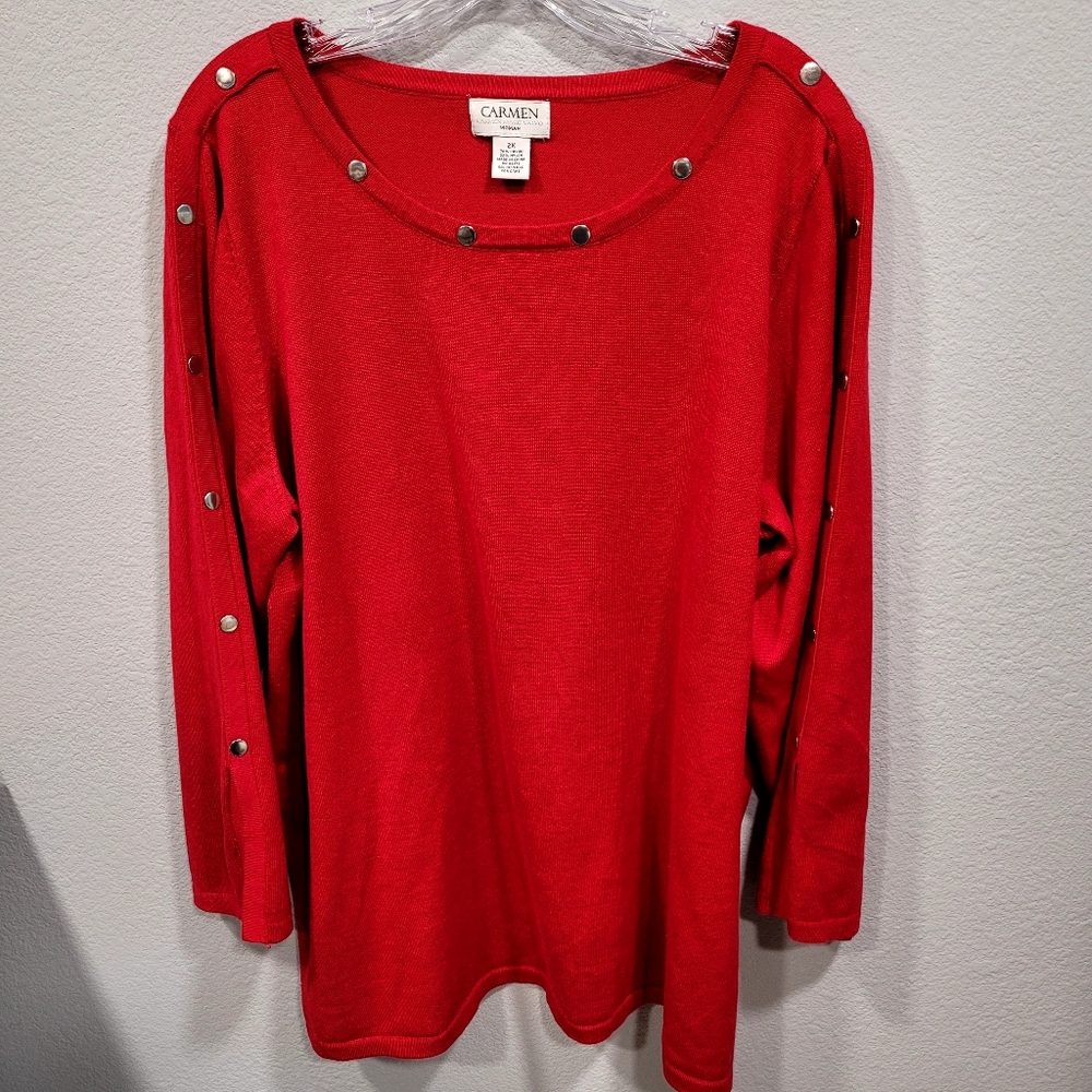 Nordstrom Carmen Marc Valvo 2X Red Studded Long Sleeve Slit Cuff Tunic